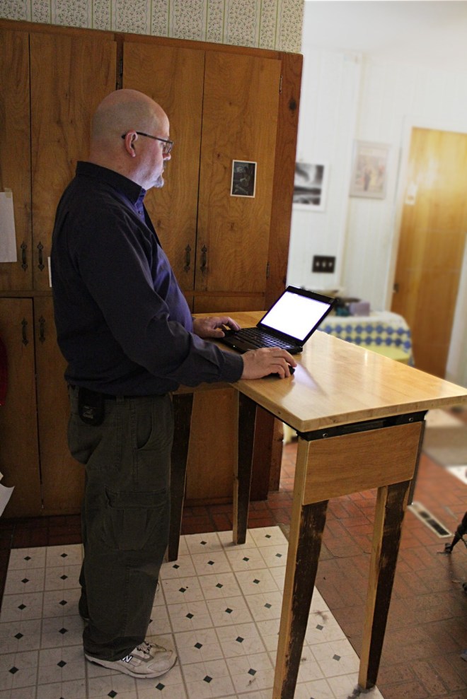 Correct height is important. It also has a keyboard tray mounted under the surface, for when I'm sitting on a stool.