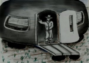 Lewis Judge stands in the door of his Airstream portable hab, drinking coffee and looking out on an Arctic morning