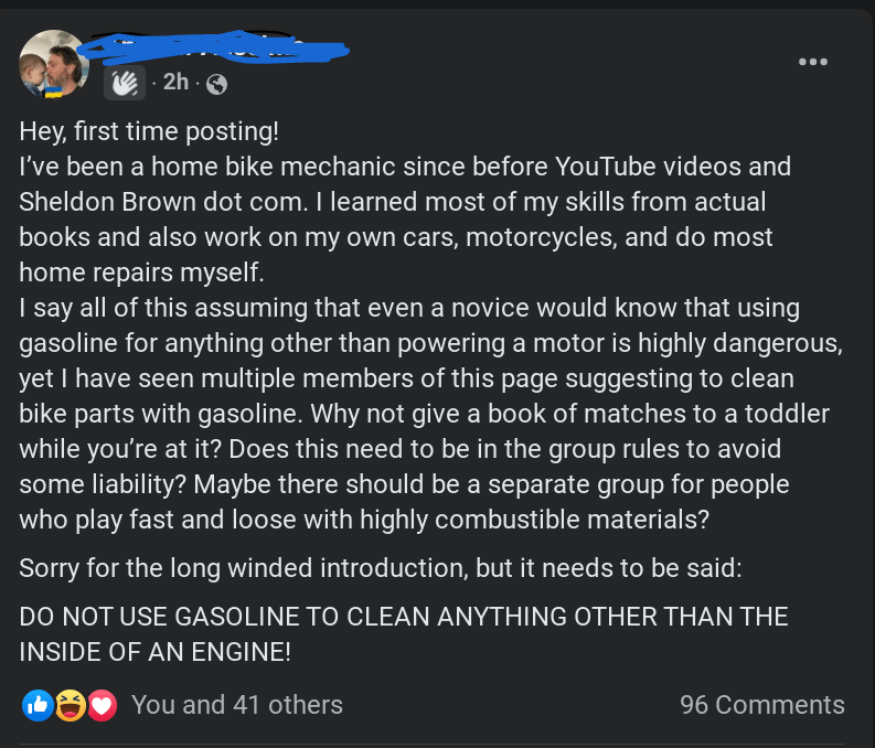 Screen shot from a Facebook post warning people not to use gasoline to clean bicycle parts