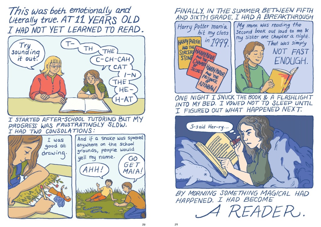Pages 28 and 29 from Gender Queer: A Memoir, in which the author learns to read by hiding under the bedsheets with flashlight and Harry Potter