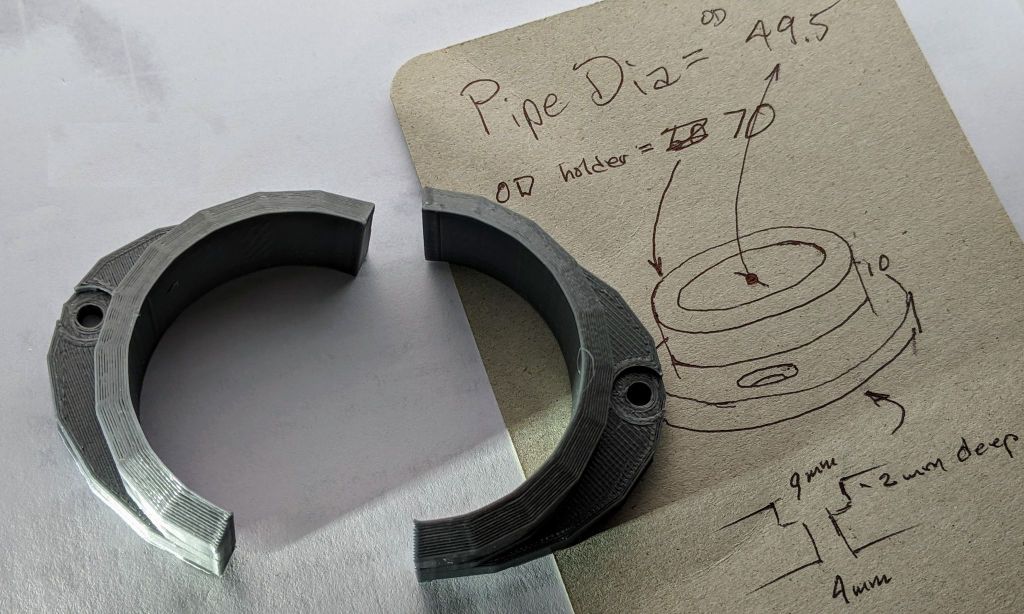 measurements and diagram to make 2-piece 3D printed pipe flange