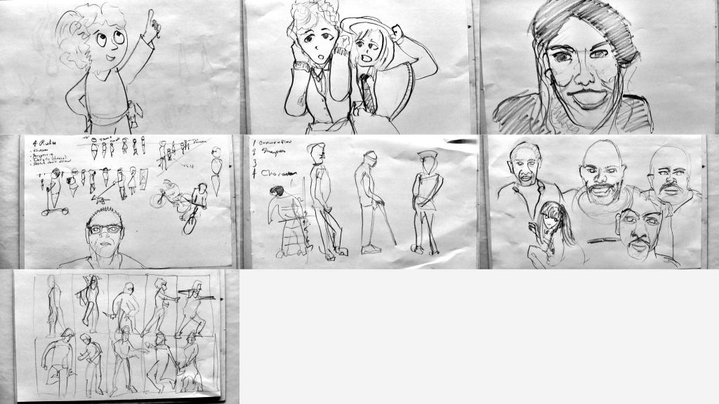 Sven practice sketches, including pose anatomy, perspective, and faces