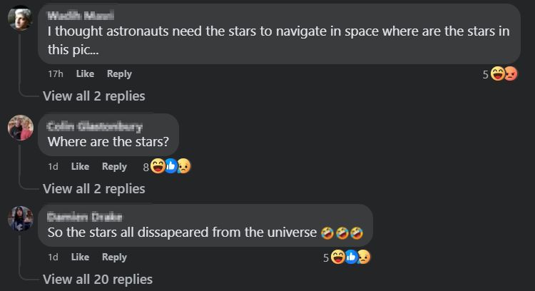 Screen shot from an astronomy post with Flat Earthers asking why stars are not visible in the picture